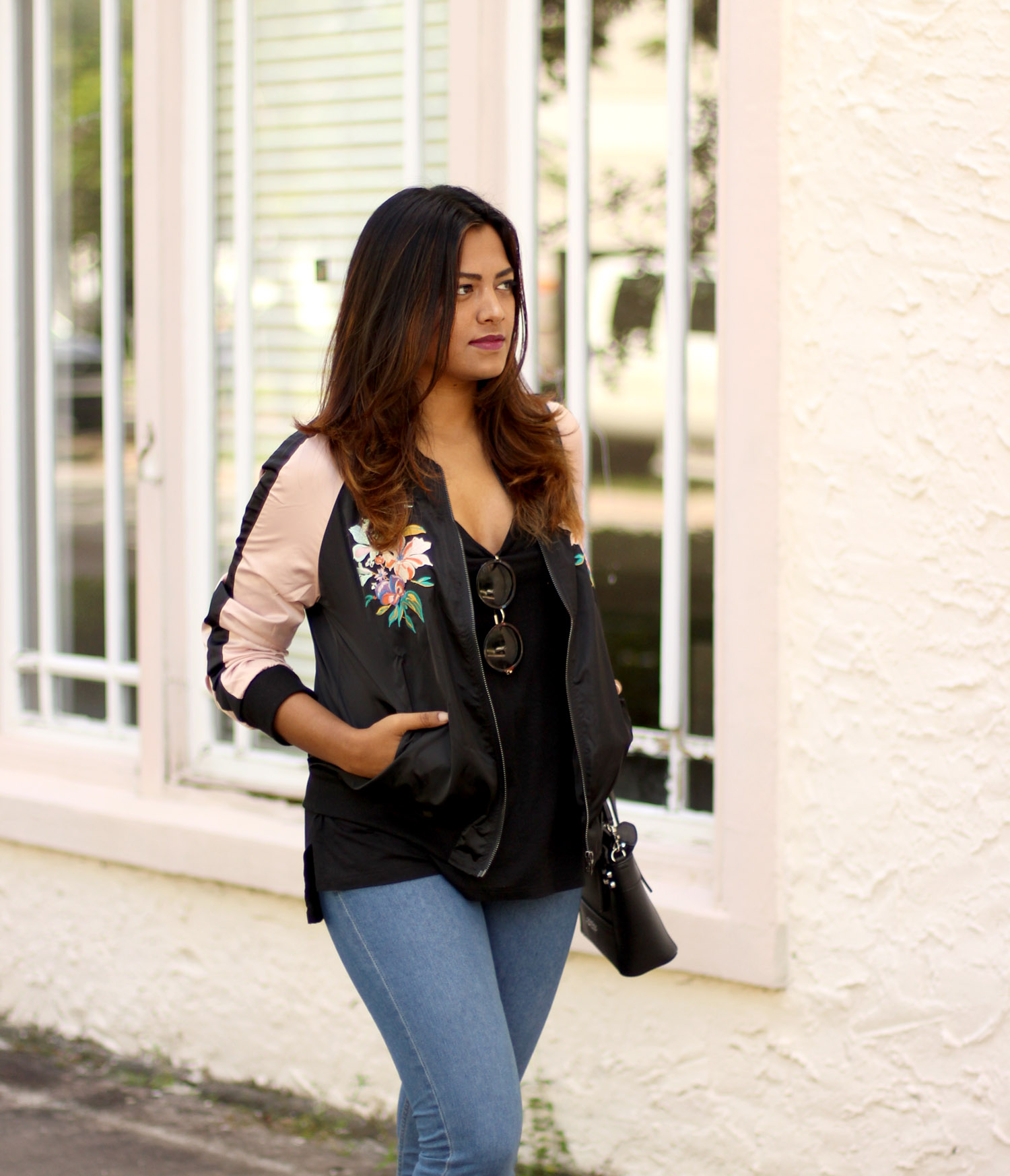 Floral bomber outlet jacket outfit