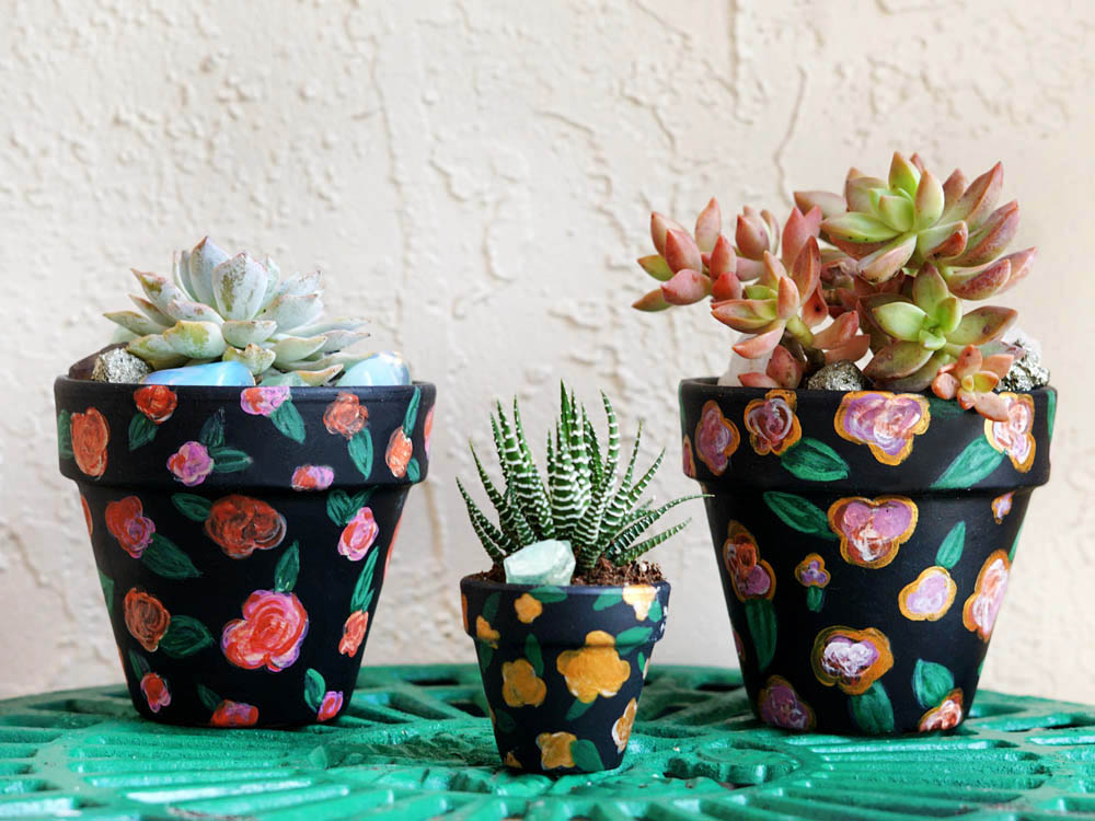 DIY Boho Dark Floral Painted Terra Cotta Pots Chic Stylista